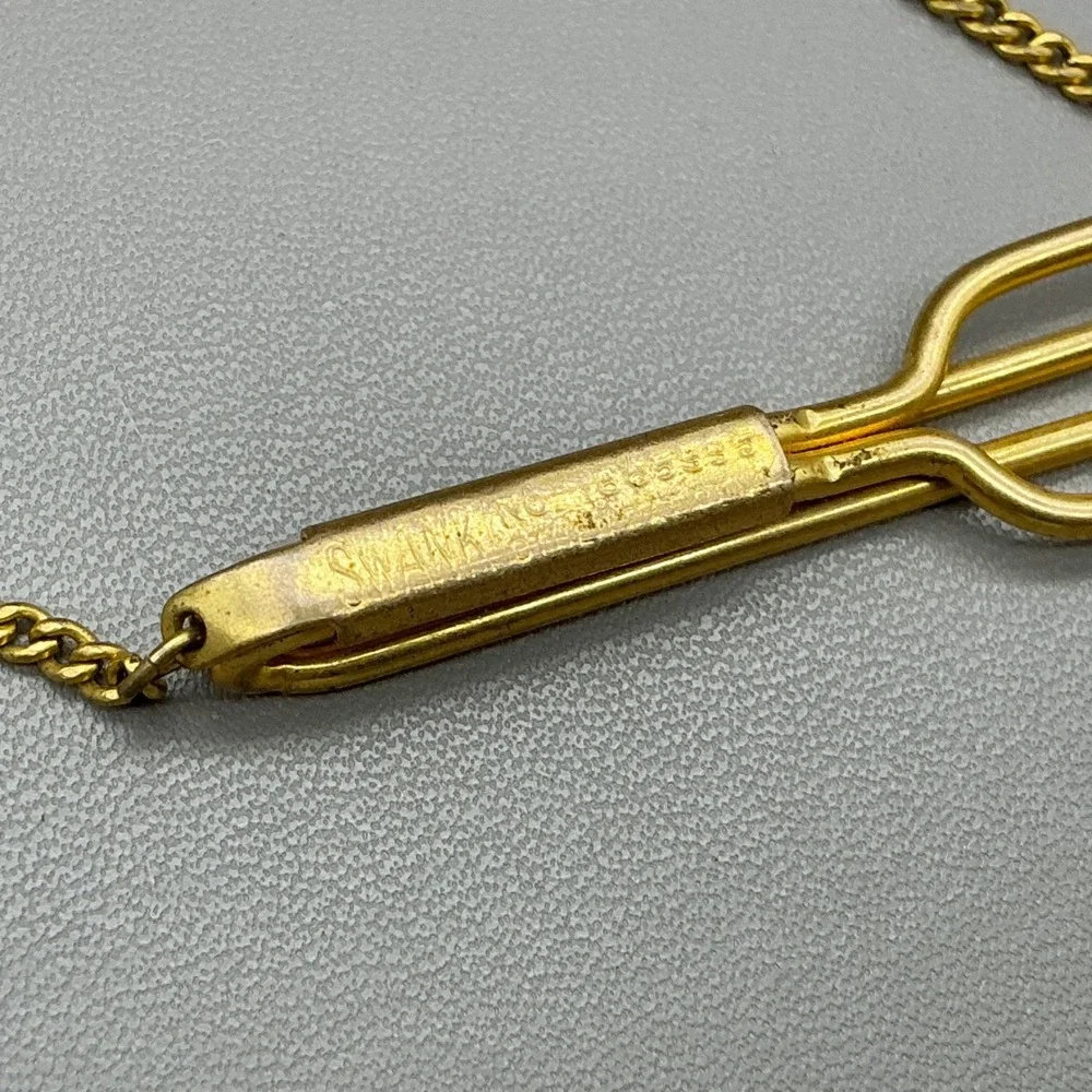 Swank Tie Clip Vintage Gold Tone Initial R Letter Charm Safety Chain Tie Bar